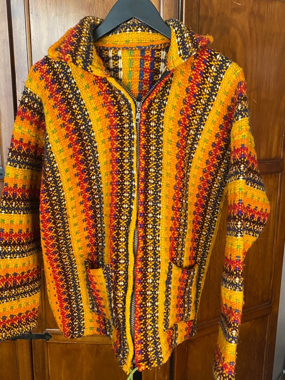 Handmade Handwoven Hooded Jacket Full Zip Multicolor Southwest Boho Hippie 22”